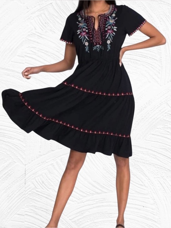 Johnny Was Dresses & Skirts - Johnny Was Black Embroidered Short Sleeve Tiered Dress with Pink & Blue Accents